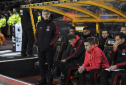 Manchester United manager Ole Gunnar Solskjaer stands by the bench before the start of the English Premier League soccer match between Wolverhampton Wanderers and Manchester United at the Molineux Stadium in Wolverhampton, England, Tuesday, April 2, 2019. (AP Photo/Rui Vieira)