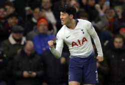 Tottenham's Son Heung-Min celebrates after scoring the opening goal during the English Premier League soccer match betweenTottenham Hotspur and Crystal Palace, the first Premiership match at the new Tottenham Hotspur stadium in London, Wednesday, April 3, 2019. (AP Photo/Kirsty Wigglesworth)