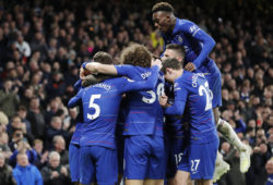 Players of Chelsea celebrate after Chelsea's Ruben Loftus-Cheek scored his sides third goal during the English Premier League soccer match between Chelsea and Brighton & Hove Albion at Stamford Bridge stadium in London, Wednesday, April 3, 2019. (AP Photo/Frank Augstein)