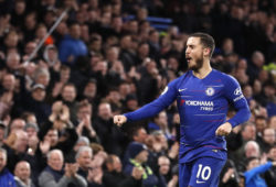 Chelsea's Eden Hazard celebrates after scoring his sides second goal during the English Premier League soccer match between Chelsea and Brighton & Hove Albion at Stamford Bridge stadium in London, Wednesday, April 3, 2019. (AP Photo/Frank Augstein)