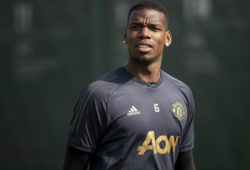 Manchester United's Paul Pogba attends a training session at the Aon Training Complex, Manchester, England, Tuesday, April 9, 2019. Manchester United will play a Champions League quarter final soccer match against Barcelona on Wednesday. (Ian Hodgson/PA via AP)