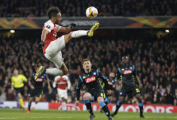 Arsenal's Pierre-Emerick Aubameyang kicks the ball during the Europa League first leg quarterfinal soccer match between Arsenal and Napoli at Emirates stadium in London, Thursday, April 11, 2019. (AP Photo/Kirsty Wigglesworth)