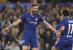 Chelsea's Olivier Giroud celebrates with Chelsea's Pedro after he scored his side's third goal during the Europa League quarterfinal, second leg, soccer match between Chelsea and Slavia Prague at Stamford Bridge stadium in London, Thursday, April 18, 2019. (AP Photo/Matt Dunham)