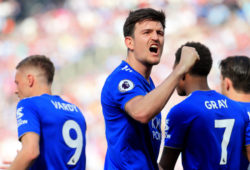 April 20, 2019 - London, Greater London, United Kingdom - Harry Maguire of Leicester City celebrates Jamie Vardy of Leicester City goal for his side during the Premier League match between West Ham United and Leicester City at the Boleyn Ground, London on Saturday 20th April 2019.