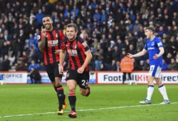 FA Premier League and Football League images are subject to DataCo Licence. Editorial use ONLY.  No print sales. No personal use sales. NO UNPAID USE.
Mandatory Credit: Photo by Tgsphoto/REX (9303789cg)
Ryan Fraser of AFC Bournemouth (24) celebrates his first goal with Callum Wilson of AFC Bournemouth as Jonjoe Kenny of Everton looks at his defence during AFC Bournemouth vs Everton, Premier League Football at the Vitality Stadium on 30th December 2017
AFC Bournemouth vs Everton, Premier League, Football, the Vitality Stadium, Bournemouth, Dorset, United Kingdom - 30 Dec 2017