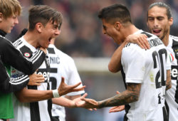 Paulo Dybala of Juventus celebrates with team mate Joao Cancelo after scoring a goal during the Serie A 2018/2019 football match between Genoa CFC and Juventus FC at stadio Luigi Ferraris, Genova, March 17, 2019 . Goal was canceled by referee with the help of the VAR .
Photo Andrea Staccioli / Insidefoto/Sipa USA
