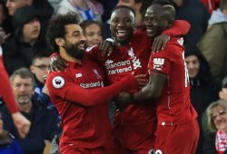 26th April 2019, Anfield, Liverpool, England; EPL Premier League football, Liverpool versus Huddersfield Town; Naby Keita of Liverpool celebrates his opening goal with team mates Mohamed Salah and Sadio Mane in 1st minute of the game PUBLICATIONxINxGERxSUIxAUTxHUNxSWExNORxDENxFINxONLY ActionPlus12127528 DavidxBlunsden