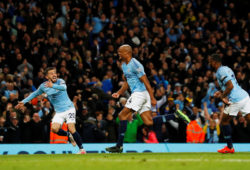 Soccer Football - Premier League - Manchester City v Leicester City - Etihad Stadium, Manchester, Britain - May 6, 2019  Manchester City's Vincent Kompany celebrates scoring their first goal         Action Images via Reuters/Jason Cairnduff X03805