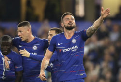 Chelsea's Olivier Giroud, the Europa League's top scorer, right, celebrates scoring his side's third goal during the Europa League quarterfinal, second leg, soccer match between Chelsea and Slavia Prague at Stamford Bridge stadium in London, Thursday, April 18, 2019. (AP Photo/Matt Dunham)