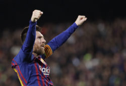 Barcelona's Lionel Messi celebrates after scoring his side's third goal during the Champions League semifinal, first leg, soccer match between FC Barcelona and Liverpool at the Camp Nou stadium in Barcelona, Spain, Wednesday, May 1, 2019. (AP Photo/Emilio Morenatti)