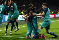 Tottenham's Lucas Moura, center, kneeling, celebrates after scoring his side's third goal during the Champions League semifinal second leg soccer match between Ajax and Tottenham Hotspur at the Johan Cruyff ArenA in Amsterdam, Netherlands, Wednesday, May 8, 2019. (AP Photo/Peter Dejong)