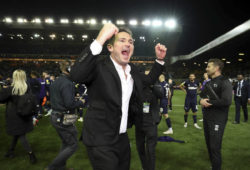 Derby County manager Frank Lampard celebrates victory after the English Championship Play-Off, Semi Final, Second Leg soccer match against Leeds United at Elland Road, Leeds, England, Wednesday May 15, 2019. (Nick Potts/PA via AP)