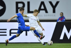April 27, 2019 - Gent, Belgium - Gent's Arnaud Souquet and Genk's Jere Uronen fight for the ball during a soccer match between KAA Gent and KRC Genk, Saturday 27 April 2019 in Gent, on day 6 (out of 10) of the Play-off 1 of the 'Jupiler Pro League' Belgian soccer championship.