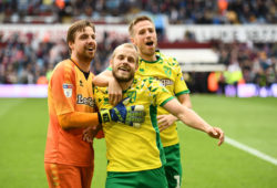 EDITORIAL USE ONLY No use with unauthorised audio, video, data, fixture lists (outside the EU), club/league logos or "live" services. Online in-match use limited to 45 images (+15 in extra time). No use to emulate moving images. No use in betting, games or single club/league/player publications/services.
Mandatory Credit: Photo by Ryan Browne/BPI/REX (10228600ca)
Goalkeeper Tim Krul of Norwich City, Teemu Pukki of Norwich City and Marco Stiepermann of Norwich City celebrate.
Aston Villa v Norwich City, EFL Sky Bet Championship, Football, Villa Park, Birmingham, UK - 05 May 2019