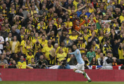 Manchester City's David Silva celebrates after scoring his side's opening goal during the English FA Cup Final soccer match between Manchester City and Watford at Wembley stadium in London, Saturday, May 18, 2019. (AP Photo/Tim Ireland)