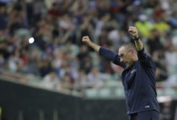 Chelsea head coach Maurizio Sarri celebrates after winning the Europa League Final soccer match against Arsenal at the Olympic stadium in Baku, Azerbaijan, Wednesday, May 29, 2019. Chelsea won 4-1. (AP Photo/Luca Bruno)