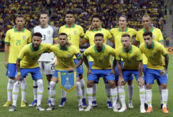 Brazil's national soccer team poses for a photo prior a friendly soccer match against Qatar at the Estadio Nacional in Brasilia, Brazil, Wednesday, June 5, 2019.(AP Photo/Andre Penner)