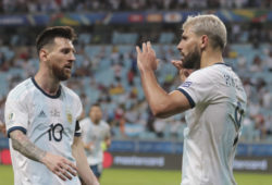 Argentina's Sergio Aguero, right, celebrates with his teammate Lionel Messi after scoring their side's second goal against Qatar during a Copa America Group B soccer match at Arena do Gremio in Porto Alegre, Brazil, Sunday, June 23, 2019. (AP Photo/Silvia Izquierdo)