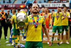 FILE PHOTO: Soccer Football - Championship - Aston Villa v Norwich City - Villa Park, Birmingham, Britain - May 5, 2019   Norwich City's Teemu Pukki celebrates with the trophy after winning the Championship     Action Images via Reuters/Andrew Boyers    EDITORIAL USE ONLY. No use with unauthorized audio, video, data, fixture lists, club/league logos or "live" services. Online in-match use limited to 75 images, no video emulation. No use in betting, games or single club/league/player publications.  Please contact your account representative for further details/File Photo  X03813