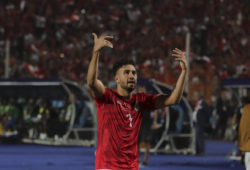 Egypt's Mahmoud Hassan celebrates after he scored during the group A soccer match between Egypt and Zimbabwe at the Africa Cup of Nations at Cairo International Stadium in Cairo, Egypt, Friday, June 21, 2019. (AP Photo/Hassan Ammar)