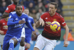 Leicester's Ricardo Pereira, left, and Manchester United's Nemanja Matic challenge for the ball during the English Premier League soccer match between Leicester City and Manchester United at the King Power Stadium in Leicester, England, Sunday, Feb 3, 2019. (AP Photo/Rui Vieira)