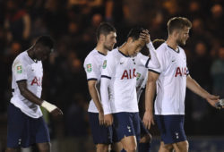 Tottenham Hotspur's Son Heung-min, second from right, and his teammates react during an English League Cup soccer match between Tottenham Hotspur and Colchester United, Tuesday, Sept. 24, 2019, at JobServe Community Stadium in Colchester, England. (Joe Giddens/PA via AP)  NYDD357