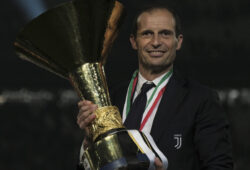 TURIN, May 20, 2019 FC Juventus' head coach Massimiliano Allegri poses with the trophy during the trophy ceremony at the end of the Serie A soccer match between FC Juventus and Atalanta in Turin, Italy, May 19, 2019. FC Juventus sealed the title with a 2-1 victory over FC Fiorentina on April 20, 2019.