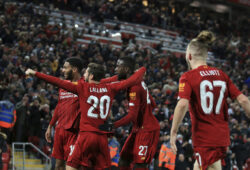 Liverpool's Divock Origi, center, celebrates with teammates after scoring his side's fifth goal during the English League Cup soccer match between Liverpool and Arsenal at Anfield stadium in Liverpool, England, Wednesday, Oct. 30, 2019. (AP Photo/Jon Super)  XDMV179