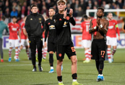 Soccer Football - Europa League - Group L - AZ Alkmaar v Manchester United - Cars Jeans Stadion, Hague, Netherlands - October 3, 2019  Manchester United's Fred and Brandon Williams applaud the fans after the match    REUTERS/Piroschka van de Wouw  X06750