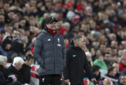 Liverpool's manager Jurgen Klopp reacts during the English League Cup soccer match between Liverpool and Arsenal at Anfield stadium in Liverpool, England, Wednesday, Oct. 30, 2019. (AP Photo/Jon Super)  XDMV168