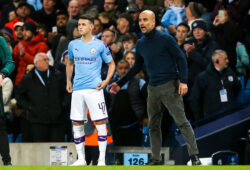 Editorial use only
Mandatory Credit: Photo by Robbie Stephenson/JMP/Shutterstock (10432881bl)
Manchester City manager Pep Guardiola talks to Phil Foden of Manchester City
Manchester City v Dinamo Zagreb, UK - 01 Oct 2019