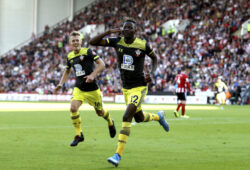 Southampton's Moussa Djenepo celebrates scoring his side's first goal of the game during their English Premier League soccer match against Sheffield United at Bramall Lane, Sheffield, England, Saturday, Sept. 14, 2019. (Tim Goode/PA via AP)  LLT814
