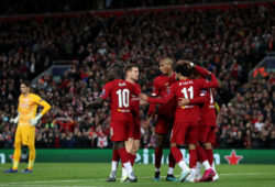 Editorial Use Only
Mandatory Credit: Photo by Paul Greenwood/BPI/Shutterstock (10433624ct)
Liverpool players celebrate the fourth goal scored Mohamed Salah to make the score 4-3
Liverpool v Red Bull Salzburg, UEFA Champions League, Group E, Football, Anfield, UK - 02 Oct 2019