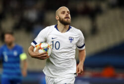 Finland's Teemu Pukki takes the ball after scoring the opening goal during the Euro 2020 group J qualifying soccer match between Greece and Finland at Olympic stadium in Athens, Greece, Monday, Nov. 18, 2019. (AP Photo/Thanassis Stavrakis)  MME114