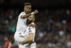 November 6, 2019, Madrid, Spain: Real Madrid CF's Rodrygo Goes and Real Madrid CF's Karim Benzema celebrates after scoring a goal during the UEFA Champions League match between Real Madrid and Galatasaray SK at the Santiago Bernabeu in Madrid.