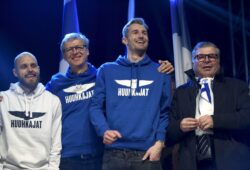 Finland's soccer team members, from left, Teemu Pukki, head coach Markku Kanerva, goalkeeper Lukas Hradecky and President of the Football Association of Finland Ari Lahti, react on the stage during a celebration for the Finnish national soccer team gaining a place in the upcoming European Championships 2020, in Helsinki, Finland, Tuesday Nov. 19, 2019.  The Finnish soccer team, known as the Eagle owls, qualified for its first-ever major tournament, the European Championships 2020, after the European qualifications. (Roni Rekomaa/Lehtikuva via AP)  LRC812