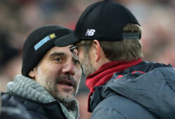10th November 2019 Anfield, Liverpool, Merseyside, England English Premier League Football, Liverpool versus Manchester City Manchester City manager Pep Guardiola shakes hands with Liverpool manager Jurgen Klopp prior to the match - Strictly Editorial Use Only. No use with unauthorized audio, video, data, fixture lists, club/league logos or live services. Online in-match use limited to 120 images, no video emulation. No use in betting, games or single club/league/player publications PUBLICATIONxINxGERxSUIxAUTxHUNxSWExNORxDENxFINxONLY ActionPlus12186720 DavidxBlunsden