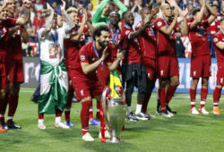 June 1, 2019 - Madrid, Spain - Liverpool's FC Mohamed Salah poses with the trophy as he celebrate the victory after the Final Round of the UEFA Champions League match between Tottenham Hotspur FC and Liverpool FC at Wanda Metropolitano Stadium in Madrid..Final Score: Tottenham Hotspur FC 0 - 2 Liverpool FC.