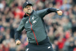 5th October 2019 Anfield, Liverpool, Merseyside, England English Premier League Football, Liverpool versus Leicester Liverpool manager Jurgen Klopp celebrates his team s dramatic late winner with a flurry of punches in front of the Kop - Strictly Editorial Use Only. No use with unauthorized audio, video, data, fixture lists, club/league logos or live services. Online in-match use limited to 120 images, no video emulation. No use in betting, games or single club/league/player publications PUBLICATIONxINxGERxSUIxAUTxHUNxSWExNORxDENxFINxONLY ActionPlus12174546 DavidxBlunsden
