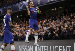 Chelsea's Cesar Azpilicueta celebrates scoring his side's 2nd goal during the Champions League Group H soccer match between Chelsea and Lille at Stamford Bridge stadium in London Tuesday, Dec. 10, 2019. (AP Photo/Kirsty Wigglesworth)  EM121