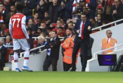 Arsenal's head coach Unai Emery gives out instruction to Bukayo Saka during the English Premier League soccer match between Arsenal and Bournemouth at the Emirates stadium in London, Sunday, Oct. 6, 2019. (AP Photo/Leila Coker)  FP154