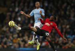 December 7, 2019, Manchester, United Kingdom: AARON WAN-BISSAKA of Manchester United tackles RAHEEM STERLING OF Manchester City during the Premier League match at the Etihad Stadium.