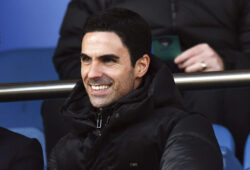 Arsenal's new manager Mikel Arteta watches in the stands during the English Premier League soccer match between Everton and Arsenal at Goodison Park, Liverpool, England, Saturday, Dec. 21, 2019. (Anthony Devlin/PA via AP)  LLT813