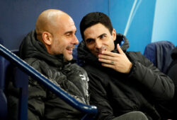 FILE PHOTO: Soccer Football - Champions League - Group C - Manchester City v Shakhtar Donetsk - Etihad Stadium, Manchester, Britain - November 26, 2019  Manchester City manager Pep Guardiola and assistant coach Mikel Arteta before the match   Action Images via Reuters/Jason Cairnduff/File Photo  X03805