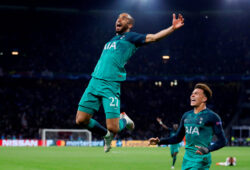 Tottenham's Lucas Moura celebrates scoring their third goal against Ajax Amsterdam, to complete his hat-trick, with Dele Alli during the Champions League Semi Final Second Leg at Johan Cruijff Arena in Amsterdam, Netherlands May 8, 2019.  Action Images via Reuters/Matthew Childs SEARCH "POY SPORTS" FOR THIS STORY. SEARCH "REUTERS POY" FOR ALL BEST OF 2019 PACKAGES. TPX IMAGES OF THE DAY  X03810