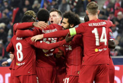 Liverpool's Naby Keita, left, celebrates with teammates after scoring his side's opening goal during the group E Champions League soccer match between Salzburg and Liverpool, in Salzburg, Austria, Tuesday, Dec. 10, 2019. (AP Photo/Kerstin Joensson)  XDB145