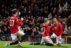 Editorial Use Only
Mandatory Credit: Photo by Paul Greenwood/BPI/Shutterstock (10501795ad)
Mason Greenwood of Manchester United celebrates scoring his sides second goal  with Brandon Williams  and James Garner to make the score 2-0
Manchester United v AZ Alkmaar, UEFA Europa League, Group L, Football, Old Trafford, UK - 12 Dec 2019