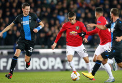 February 20, 2020, Brugge, Belgium: Club's Hans Vanaken and Manchester United's Andreas Pereira fight for the ball during a game of the 1/16 finals of the UEFA Europa League between Belgian soccer club Club Brugge and English club Manchetser United, in Brugge, Thursday 20 February 2020.