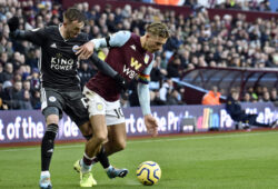 Aston Villa's Jack Grealish, right, duels for the ball with Leicester's James Maddison during the English Premier League soccer match between Aston Villa and Leicester City at Villa Park in Birmingham, England, Sunday, Dec. 8, 2019. (AP Photo/Rui Vieira)  XDMV117