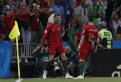 Portugal's Cristiano Ronaldo, celebrates with Portugal's Bruno Fernandes after scoring his sides 1st goal form a penalty during the group B match between Portugal and Spain at the 2018 soccer World Cup in the Fisht Stadium in Sochi, Russia, Friday, June 15, 2018. (AP Photo/Manu Fernandez)